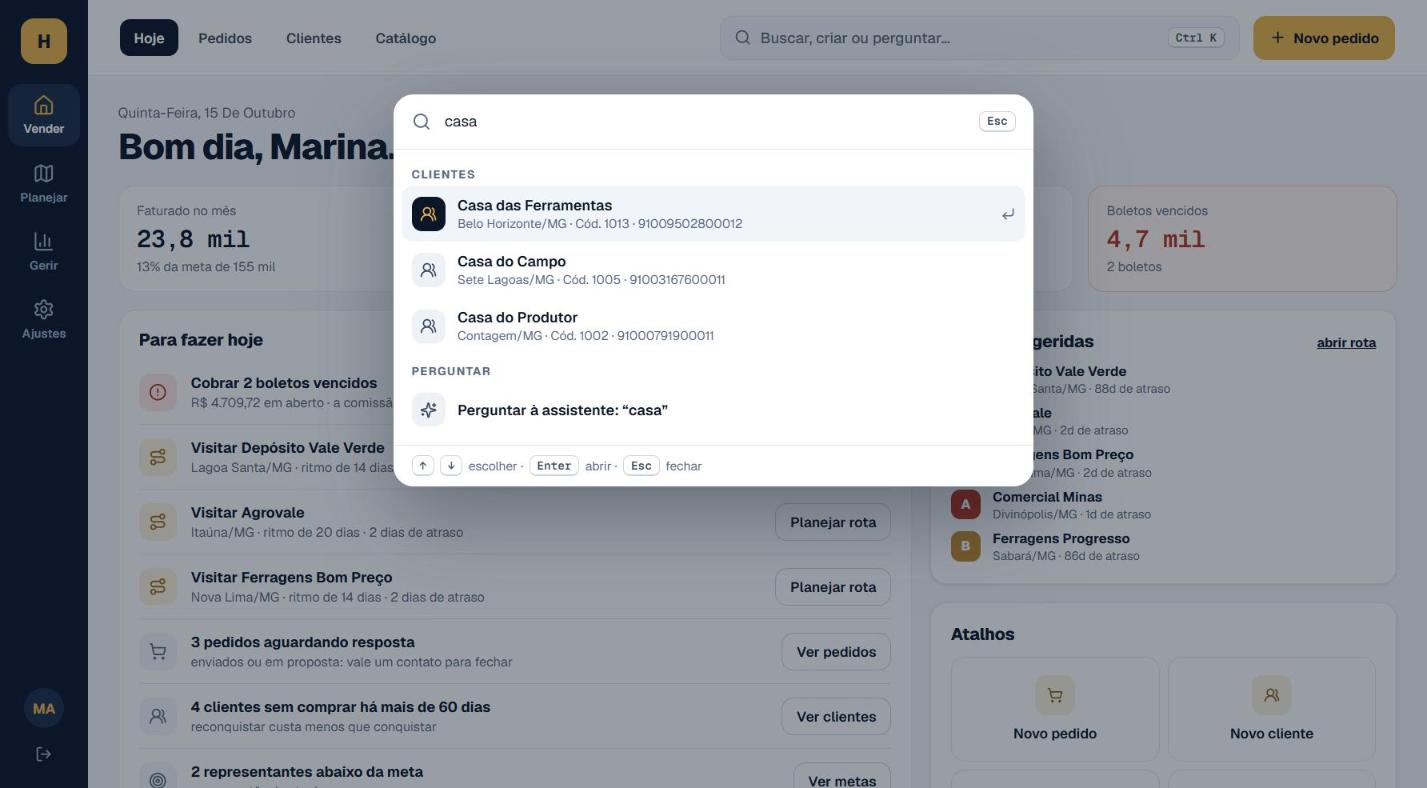 Tela de Assistente "Tirar dúvidas" e a barra Ctrl+K com dados de demonstração